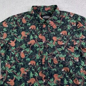 XXX Rude Shirt Mens Medium Black Green Sloth Tree AOP Short Sleeve Button Up